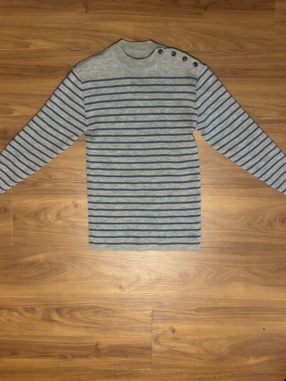 Saint James Gray and Navy Striped Button-Shoulder Sweater
